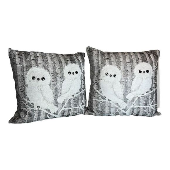 Snowy Owl Portrait Throw Pillow Set 2 Gray Silver Metallic Thread 16” X 16” - Picture 1 of 6